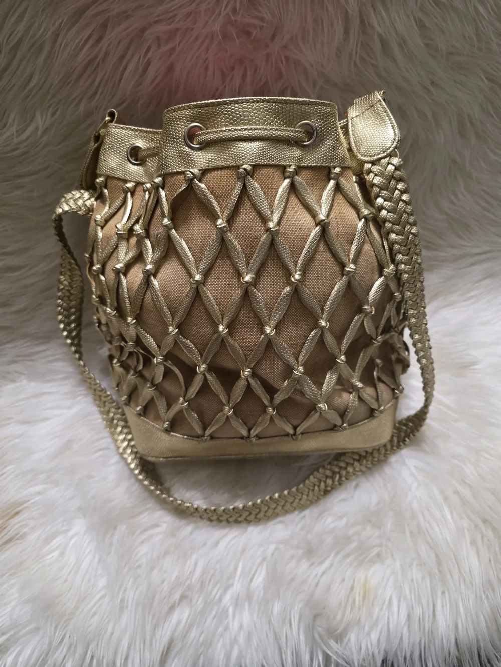 Metallic Gold Woven Drawstring Shoulder Bag